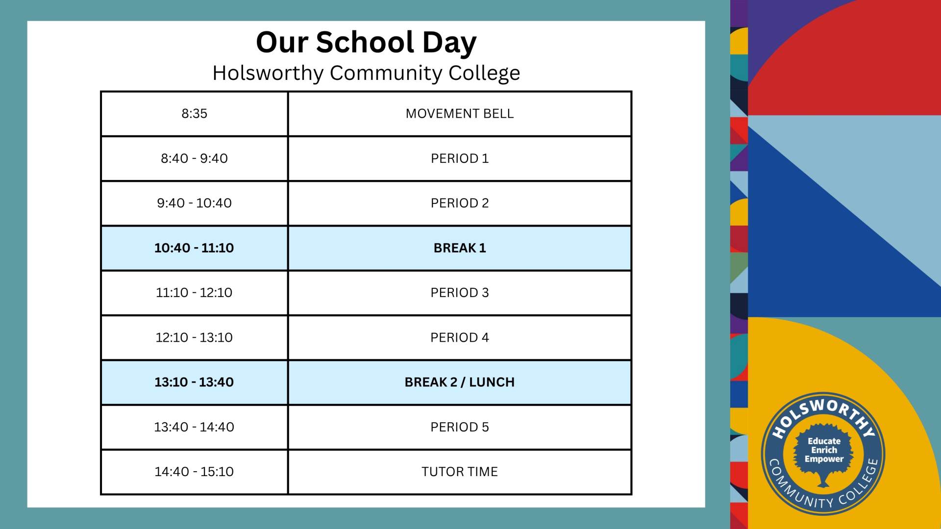 A description of the school day times. Starting at 8:40 and finishing at 15:10